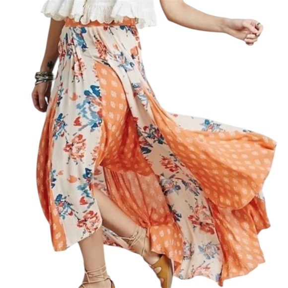 Free People Women Maxi Show You Off Hi Low Patchwork‎ Raw Hem Skirt  Boho Size S - Picture 1 of 13